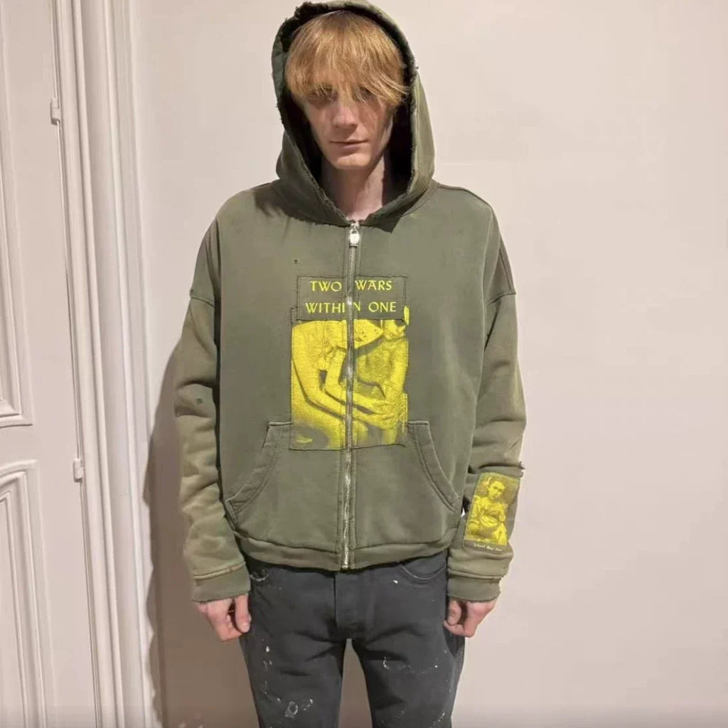 Enfants Riches Déprimés Yellow Graphic Zip-Up Hoodie - Olive Green